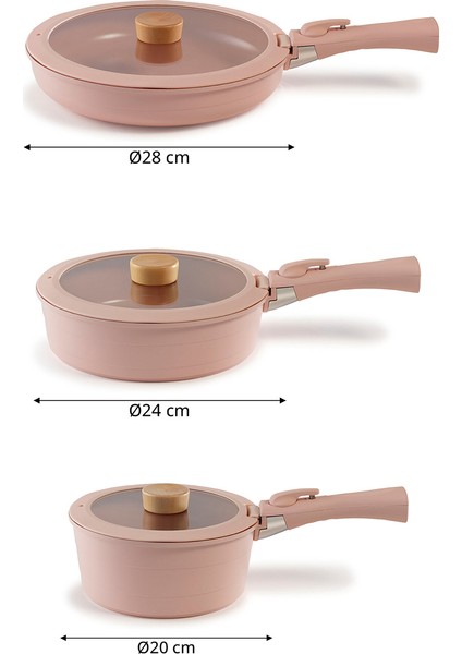 Midas Pembe 9 Parça Ayrılabilen Saplı Iç Içe Geçebilen Indüksiyonlu Tencere Tava Seti