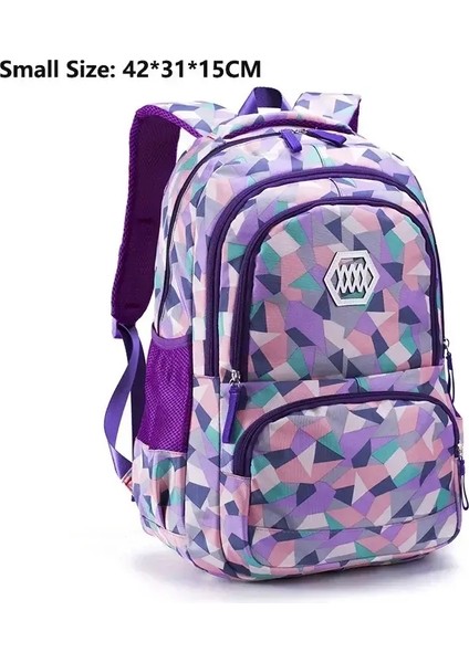 3pcs Renkli Çocuklar Sırt Çantası Geometrik Kızlar Okul Sırt Çantaları Koreli Birincil Çanta Seti Çok Fonksiyonlu Çanta Seyahat Çantaları Renk: Mor Küçük Boyut (Yurt Dışından)