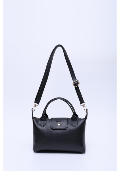 Siyah SHK135 Suni Deri, Tek Bölmeli, Çift Askılı El, Kol ve Çapraz Omuz Çantası
