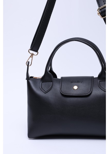 Siyah SHK135 Suni Deri, Tek Bölmeli, Çift Askılı El, Kol ve Çapraz Omuz Çantası