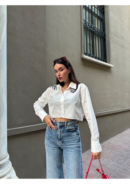 Rengastyle Kadın Yakası Püskül Boncuk Detaylı Gömlek