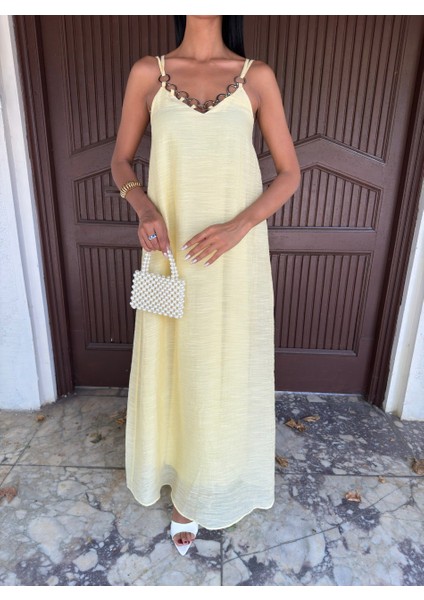 Rengastyle Kadın Göğüs Halka Detay Askılı Keten Elbise