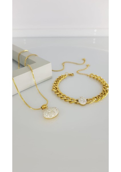 Kolye Bileklik Gold Çelik Takı Seti 307