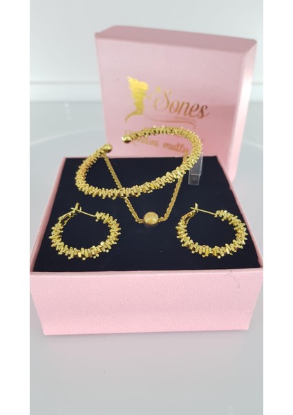 Işıltılı Gold Çelik Takı Seti 347 Kolye Ayarlanabilir Bileklik Küpe Tasarım Kararmaz Antialerjik