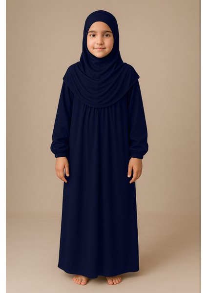 Kız Çocuk Tesettür Elbisesi Tek Parça Namaz Kıyafeti Tak Çıkar Başörtülü Pamuklu Lastikli Kolu