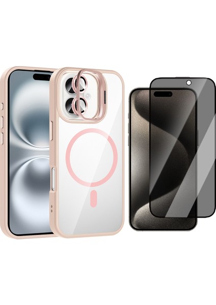 Apple iPhone 16 Kılıf Standlı ve Kamera Lens Hediyeli M-Safe Şarj Özellikli Zore Etro Kapak + Hayalet Ekran Koruyucu