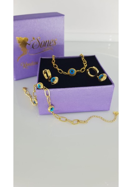 Nazar Boncuklu Çelik Takı Seti SNS10 Zincir Kolye Küpe ve Bileklik Gold fiyatları