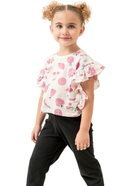 Meyve Baskılı Kız Crop Tshırt Pudra