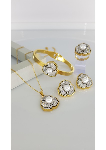 İnci Pırıltısı 4'Lü Kolye Küpe Yüzük ve Kelepçe Çelik Takı seti SNS13 Özel Anlar Hediye kararmaz