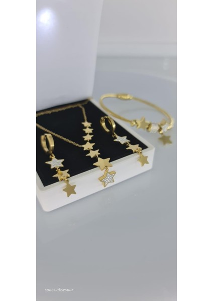 Samanyolu Yıldız Çelik Takı Seti Gold Tarım Muhteşem Kararmaz Solmaz Hediye