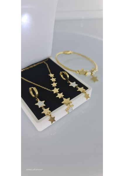 Samanyolu Yıldız Çelik Takı Seti Gold Tarım Muhteşem Kararmaz Solmaz Hediye modelleri