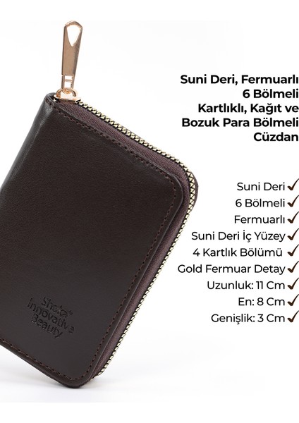 Kahve Rengi SHK63 Kartlıklı Bozuk Para ve Kağıt Para Bölmeli Fermuarlı Şık Suni Deri Cüzdan