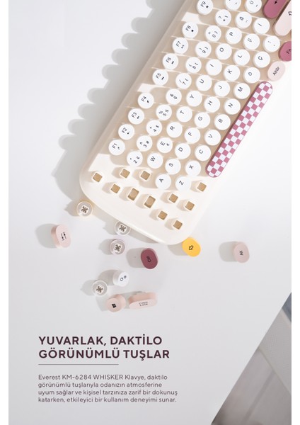 KM-6284 WHISKER Renkli Tuşlu Bej Kablosuz Q Klavye + Mouse Set modelleri