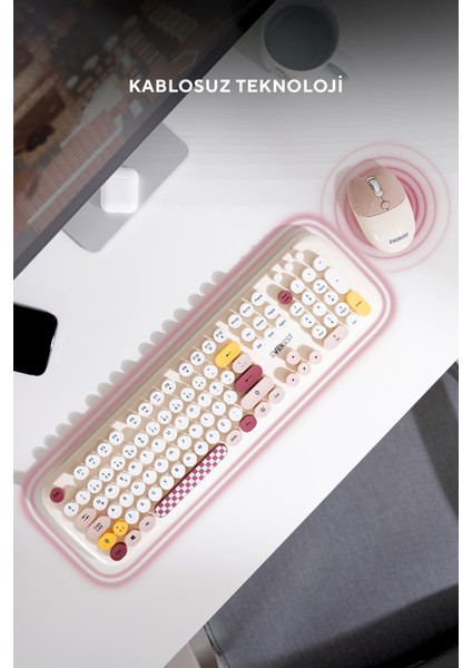 KM-6284 WHISKER Renkli Tuşlu Bej Kablosuz Q Klavye + Mouse Set fırsatları