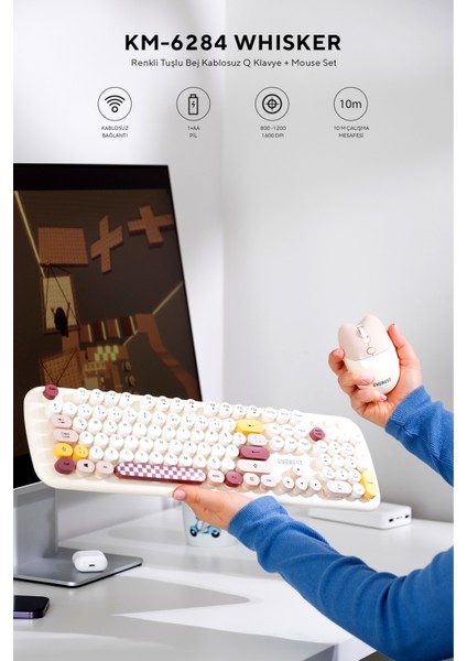 KM-6284 WHISKER Renkli Tuşlu Bej Kablosuz Q Klavye + Mouse Set indirimleri