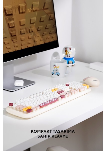 KM-6284 WHISKER Renkli Tuşlu Bej Kablosuz Q Klavye + Mouse Set
