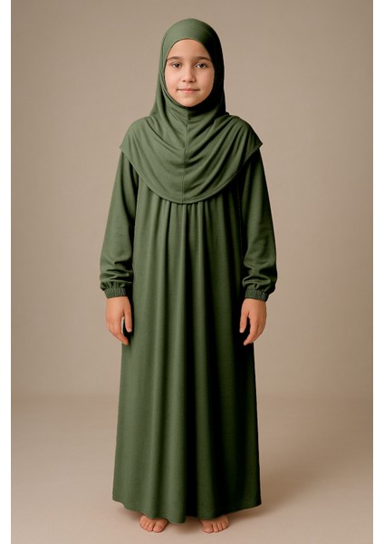 Kız Çocuk Tesettür Elbisesi Tek Parça Namaz Kıyafeti Tak Çıkar Başörtülü Pamuklu Lastikli Kolu