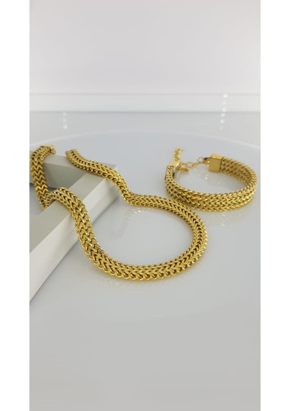 Kalın Örgü Çelik Takı Seti SNS504 Kolye Bileklik Kararmaz