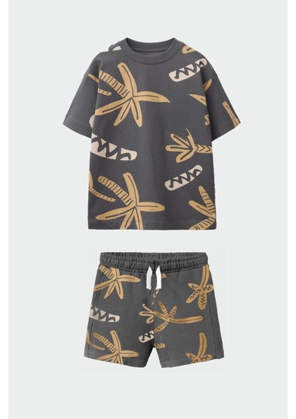 Erkek Çocuk Palmiye Desenli Pamuklu Tshirt Şort Alt Üst Takım