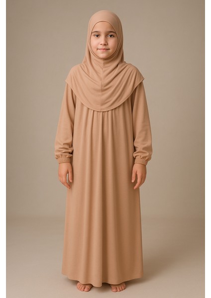 Kız Çocuk Tesettür Elbisesi Tek Parça Namaz Kıyafeti Tak Çıkar Başörtülü Pamuklu Lastikli Kolu