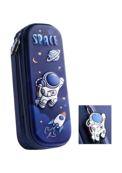 Space Çift Fermuarlı Astronot Detaylı Lacivert Geniş Kapasiteli Kalem Kutusu