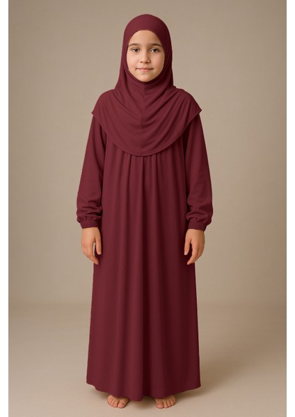 Kız Çocuk Tesettür Elbisesi Tek Parça Namaz Kıyafeti Tak Çıkar Başörtülü Pamuklu Lastikli Kolu