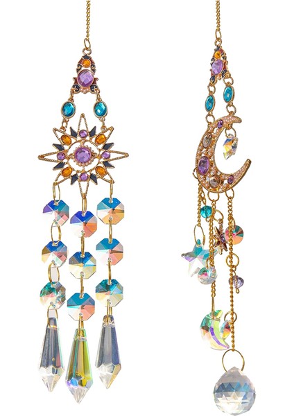 2 Adet Güneş Yakalayıcı Kristal Kolye Güneş Ay Pencere Prizmaları Gökkuşağı Vintage Rüzgar Çanları Asılı Işık Yakalayıcı Bahçe Dekoru (Yurt Dışından)