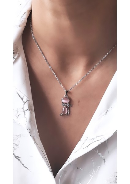 Pembe Opal Taşlı Kedi Figür Çelik Kolye fiyatları