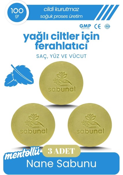 Mentollü Nane Sabunu 3 Adet - Ferahlatıcı Yağlı Cilt ve Saç Temizleme Sabunu