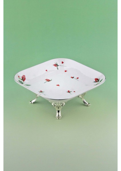Kırmızı Gül Metal Ayaklı Porselen Tabak