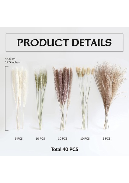 Doğal Pampas Çim Dekoru 40 Parça, 45 cm Doğal Kurutulmuş Beyaz Tavşan Kuyruğu Buğday Tozu Pampas Çim Bitki Boho Dekor (Yurt Dışından) modelleri