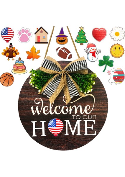Mevsimsel Hoş Geldiniz Kapı Işareti Değiştirilebilir Evimize Hoş Geldiniz Ahşap Yuvarlak Çelenk Buffalo Kareli Ekose Dış Mekan (Yurt Dışından)