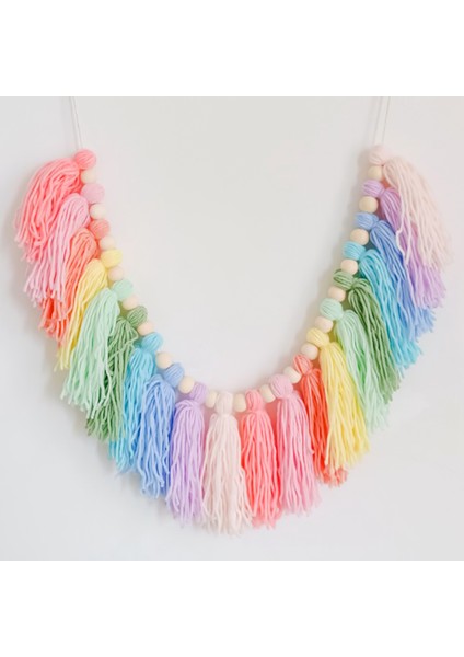 37 Inç Pastel Gökkuşağı Püskül Çelenk Ahşap Boncuk ile Renkli Goblen Yatak Odası Duvar Sınıf Kreş Parti Dekoru Için (Yurt Dışından) modelleri