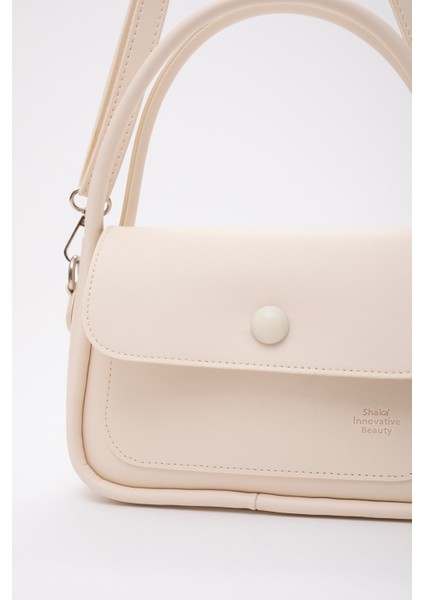 Krem SHK97 Suni Deri Ön Cep Detaylı 2 Bölmeli Ayarlanabilir Askılı El,kol ve Omuz Çantası
