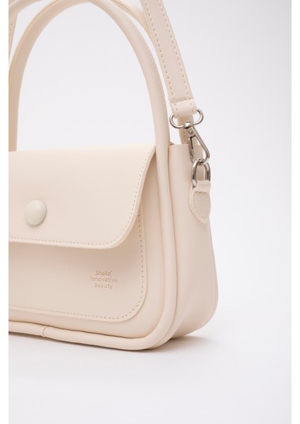 Krem SHK97 Suni Deri Ön Cep Detaylı 2 Bölmeli Ayarlanabilir Askılı El,kol ve Omuz Çantası