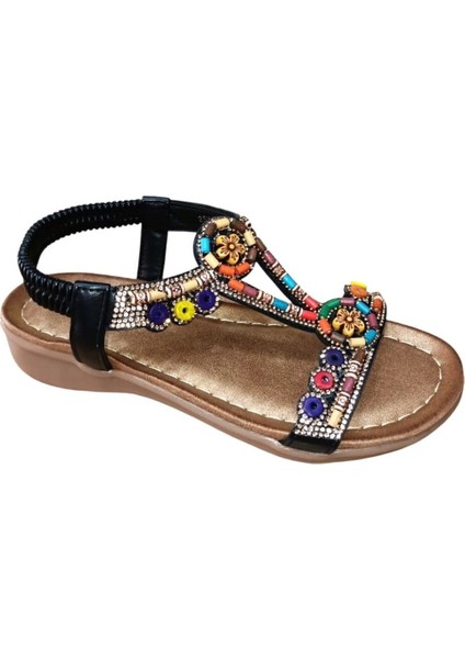 25y150-1 Kadın Taşlı Düz Taban Comfort Sandalet