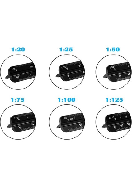Mimarlar Için 30 cm Alüminyum Üçgen Cetvel Çeşitli Ölçekler 1:20, 1:25, 1:50, 1:75, 1:100, 1:125 (Yurt Dışından) modelleri