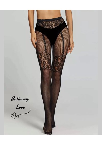 Kadın Fileli Jartiyer ve Dantel Görünümlü Desenli Tasarım Külotlu Çorap