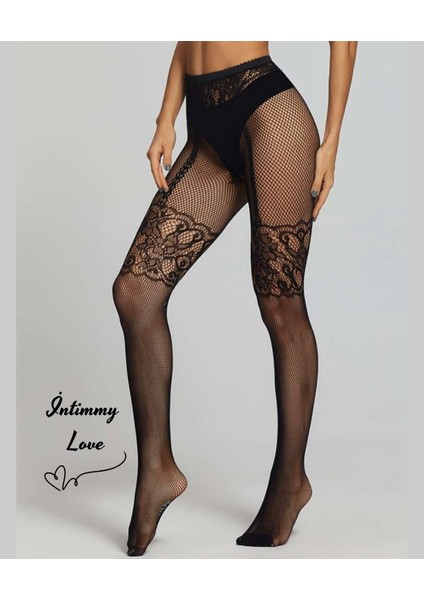 Kadın Fileli Jartiyer ve Dantel Görünümlü Desenli Tasarım Külotlu Çorap fiyatları
