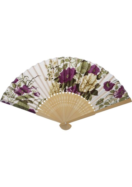 Kadın Yaz Düğün Çiçek Desenli Kumaş Katlanır El Yelpazesi Beyaz Mor (Yurt Dışından)