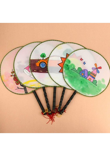 10 Adet 21 cm Boş Fan Çocuk Dıy Boyama Fanı Ipek Kumaş Fan Plastik El Kolu Yuvarlak Fan (Yurt Dışından) fiyatları