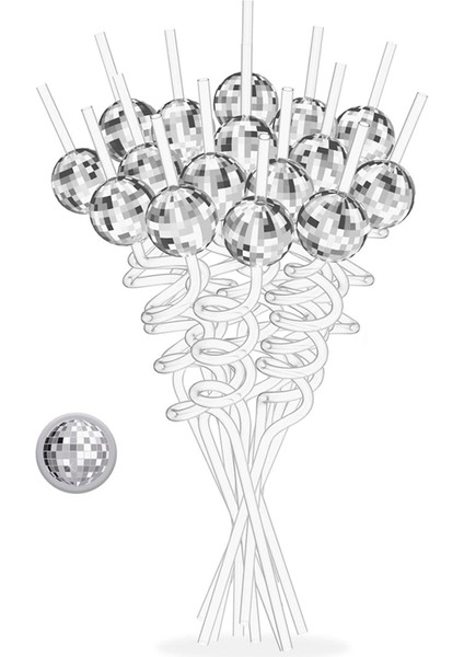 16 Adet Disko Topu Pipetleri, Mini Gümüş Disko Topu Dekorlu Disko Parti Süslemeleri Pipetleri, 70'ler Disko Parti Malzemeleri (Yurt Dışından)