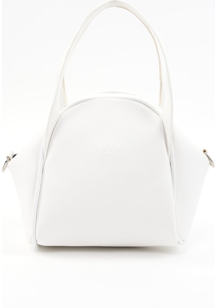 Beyaz SHK132 Suni Deri, Fermuarlı Tek Bölmeli, Çıtçıt Detaylı ,el, Kol ve Omuz Çantası