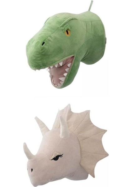 2 Parça Dinozor Kafası Duvar Süsleri 3D Sevimli Çocuk Odası Oturma Odası Bebek (Yurt Dışından)
