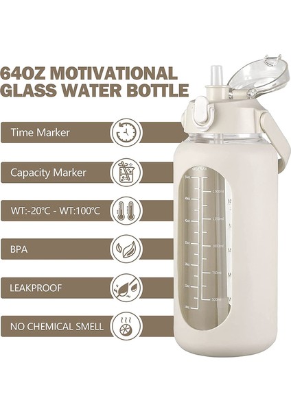 Spor Salonu, Ev Ofisi ve Beyaz Için Pipetli 64 Oz Cam Su Şişeleri, Silikon Kılıflı ve Zaman Işaretli Cam Şişe (Yurt Dışından) fırsatları