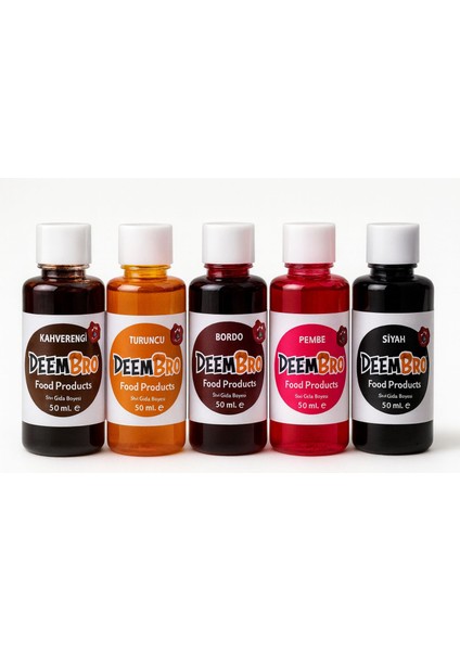 Gıda Boyası 5 x 50 Ml=toplam 250 ml Kahverengi Bordo Pembe Turuncu Siyah Sıvı Gıda Boyası fiyatları