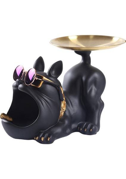 Reçine Cool Bulldog Crafts Köpek Uşağı Tepsi Anahtar Tutucu Depolama Takı Hayvan Odası Ev Dekor Heykeli, Siyah (Yurt Dışından)