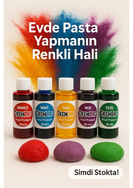 Sıvı Gıda Boyası Seti 5'li 5 Renk 50 ml Kırmızı Mavi Mor Sarı Yeşil