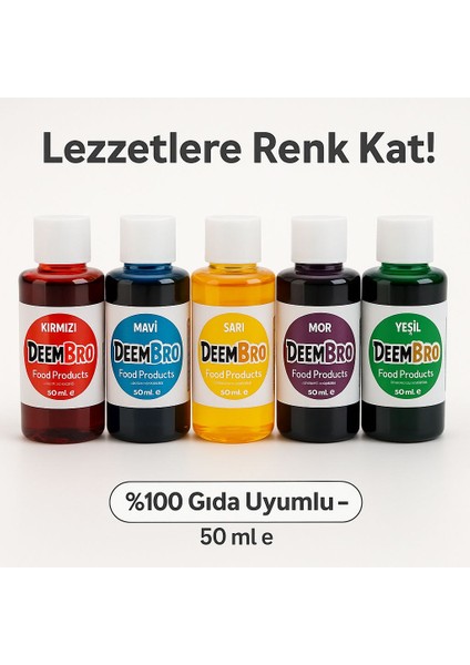Sıvı Gıda Boyası Seti 5'li 5 Renk 50 ml Kırmızı Mavi Mor Sarı Yeşil modelleri