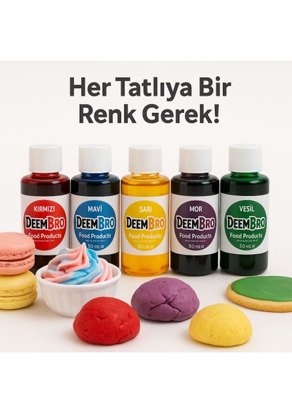 Sıvı Gıda Boyası Seti 5'li 5 Renk 50 ml Kırmızı Mavi Mor Sarı Yeşil indirimleri